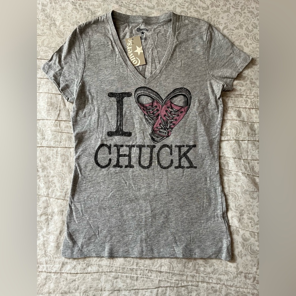 Converse I Love Chuck Womens Gray Graphic Logo V-Neck Tee Size S/P